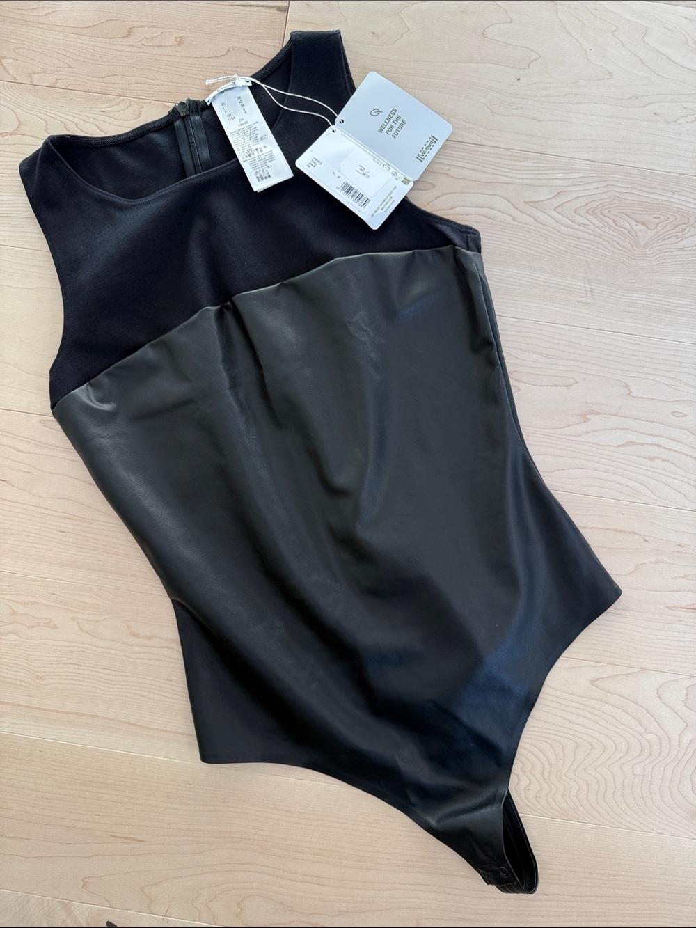 NWT Wolford Black Faux-Leather Thong Shapewear Sleeveless Bodysuit 6